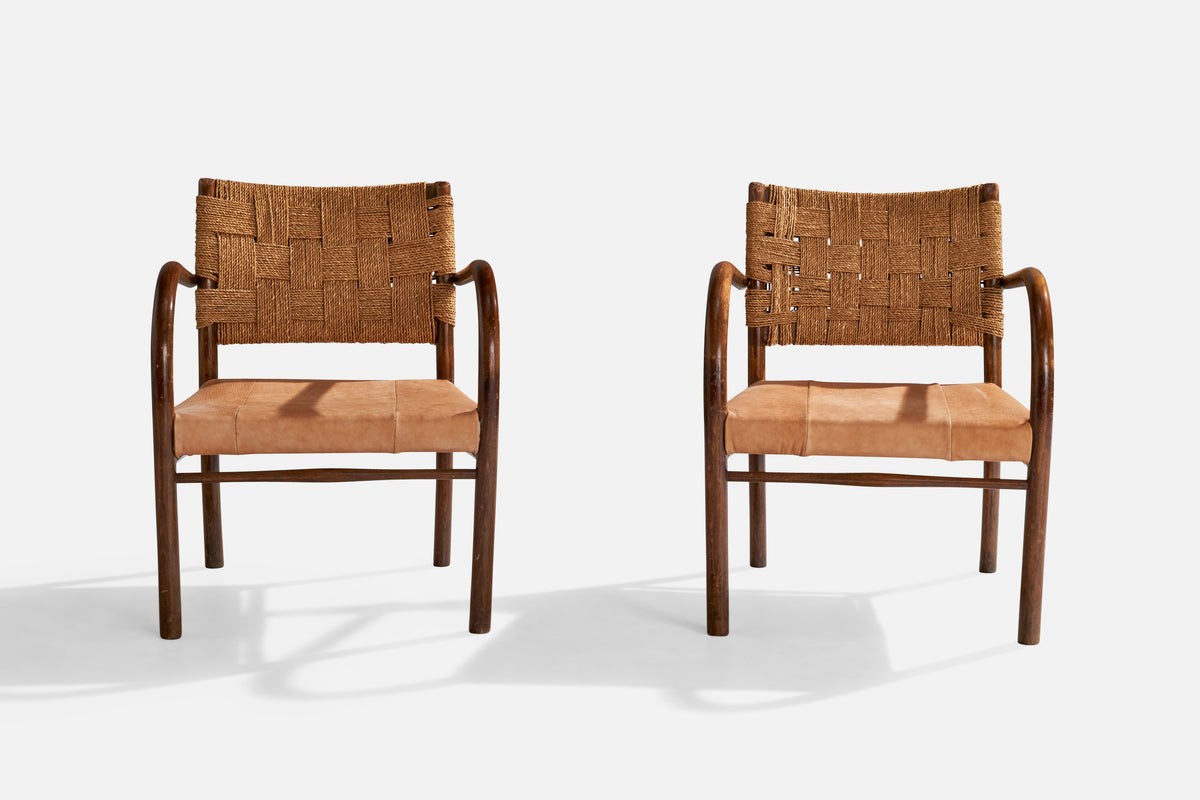 Frits Schlegel, Lounge Chairs, Beech, Sea Grass Cord, Leather