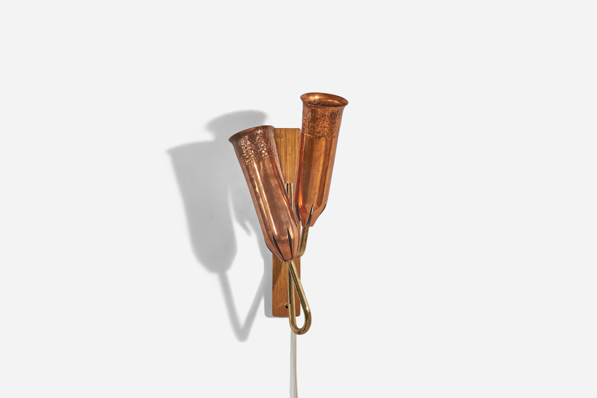 Swedish Designer, Wall Light, Copper, Brass, Oak, Sweden, c. 1960s – PRB